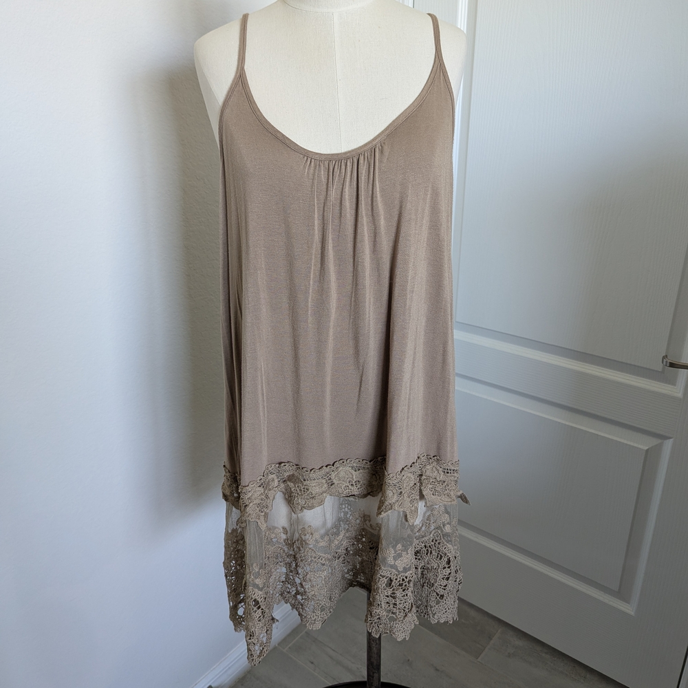 Elegant Tan Lace Trim Mini Dress
